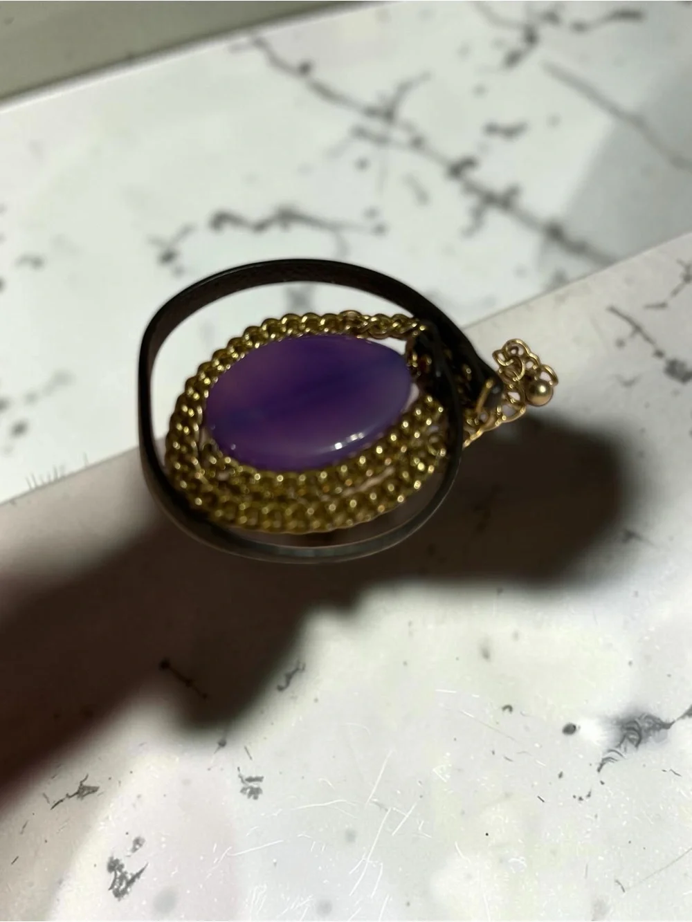 Gold-Tone Bracelet w/Large Purple Stone & Brown Leather